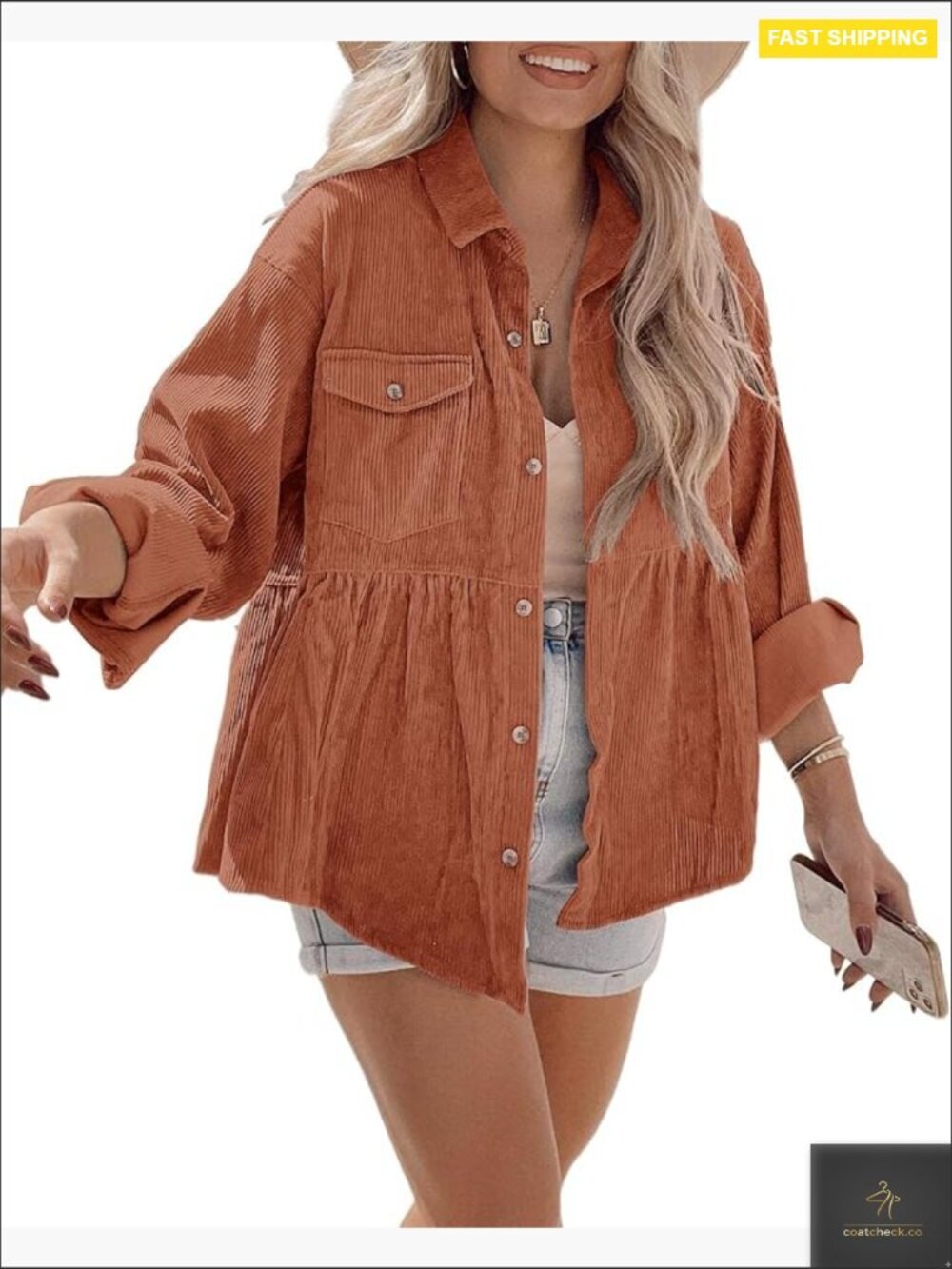 Corduroy Button Down Shirt Tunic Blouse Babydoll Dress Loose Fit Jacket Pocket